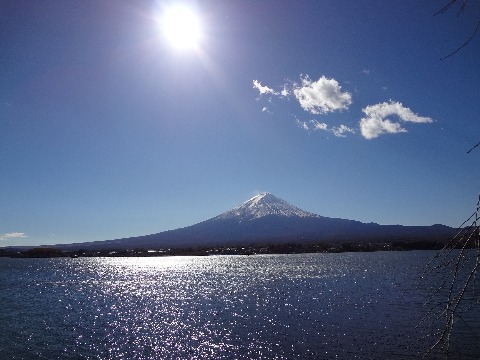 この日の宿は川口湖畔．快晴の空の下，河口湖越しの富士山は最高でした．