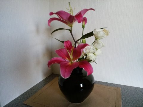 さて久しぶりの玄関のお花は、先日熊本で買ってきたユリとトルコキョウ。やっぱり熊本のお花が新鮮で安いそうです。