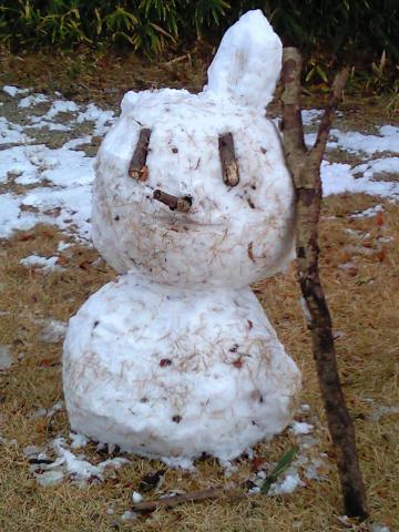 子供が作ったのか、そばにあった片耳ウサギ？の雪だるま