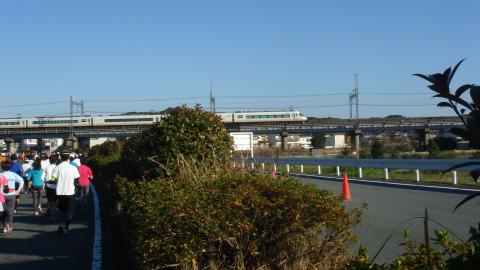国道23号線。近鉄の高架橋。なぜか特急列車が停止していた。お出迎えのデモンストレーションか？(^_^;)