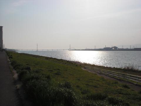 初めて、海の水平線が見えた！！感激～☆
（向こうに見える阪神湾岸線（高速道路）まで走ります！）