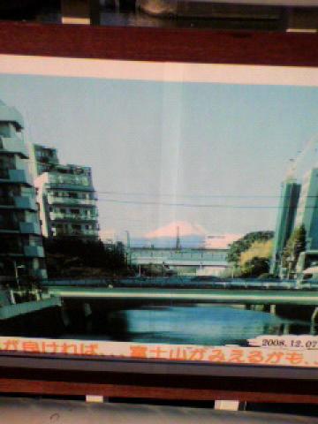 これは本当は12/18の朝の日記。
目黒川河口の品川の公園の橋の上。
「運がよければ、富士山見えるかもよん～」・・・で～