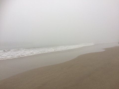 いつもは遠くに塩屋崎灯台が見えるけど、今朝は何も見えず白い靄の世界。　繰り返す波の音が心地よい。