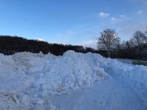 小野幌川沿いの道は雪の壁で通行不可