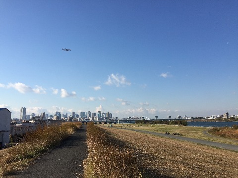 5km過ぎ、梅田方面を望む淀川河川敷。　西風強く向かい風に悩む。