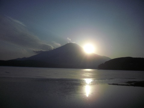 下山後　山中湖湖畔で富士の斜面に沈みゆく夕日を堪能