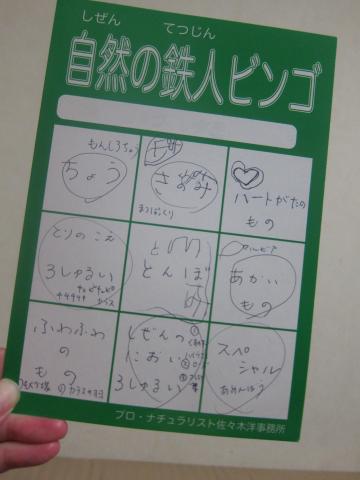 ビンゴで自然と親しむプログラム。公園で見つけたものに○をつける。
僕たちはトンボが見つからず。池にヤゴはいたけど。
池の周りにギンヤンマ、シオカラトンボがいたとか。
ハート型のものは、カタバミという野草。
これで汚れた１０円玉を擦るとピカピカになる。