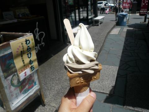 バスを待っている時キョロキョロしていたら後ろに何やら見覚えのある店名が。
WAKAさんに教えて頂いた落ちないソフトクリーム屋さんでした。
豆腐と黒豆きなこ、さっぱりというよりねっとりですけど美味しかったです。