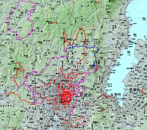 青が今日走った部分。紫が京都一周トレイルのコース。(左上のは単独の京北コース) 赤はその他、今まで走った部分。